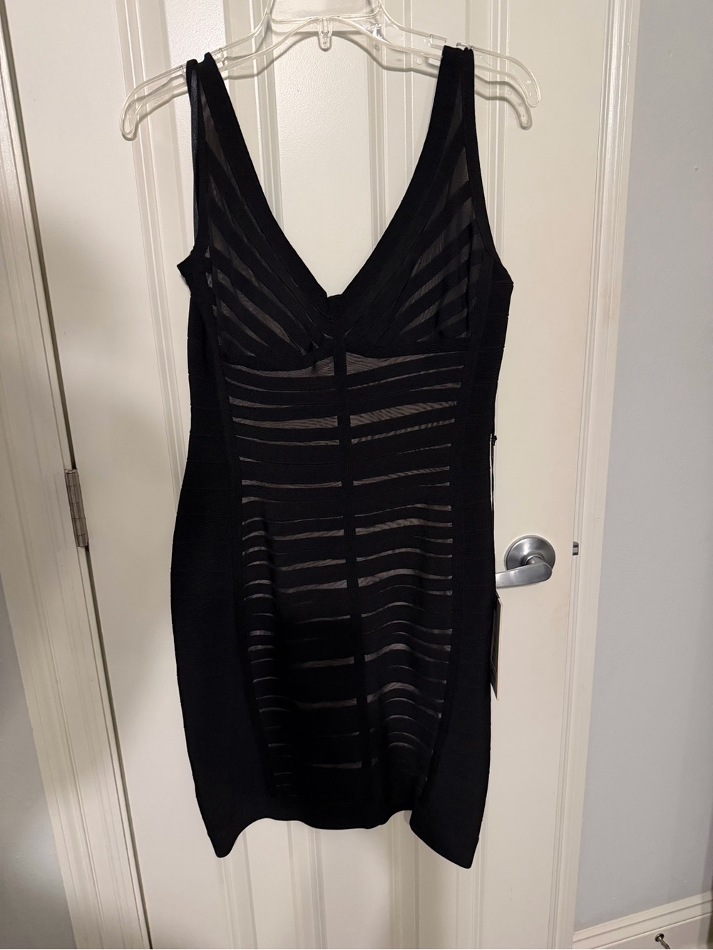 MacDuggal Black V-Neck Sheer Stripe Bodycon Bandage Dress